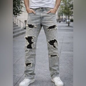 Vicious men’s Denim Oil Blue‎ rip Distressed straight fit Jeans studded Size 32